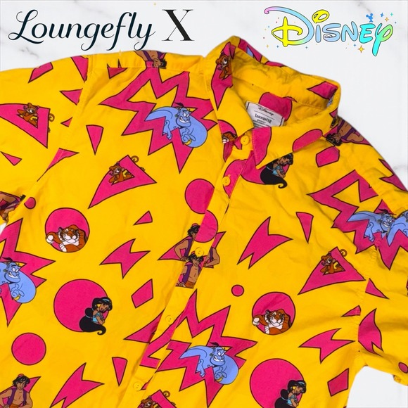 Loungefly Disney Aladdin Button Down Shirt Unisex XL Retro 90s Style Yellow Raja - Picture 1 of 10